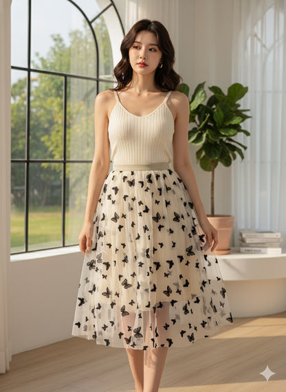Butterfly Print Skirt - Off White