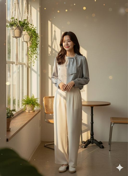 Embroidered Tie-Neck Blouse - Ash