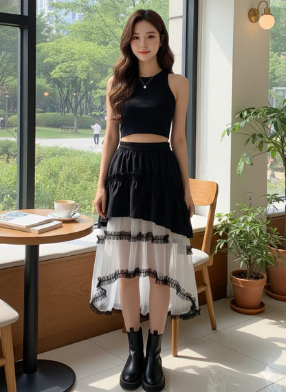 Black&White Ruffle Mesh Skirt