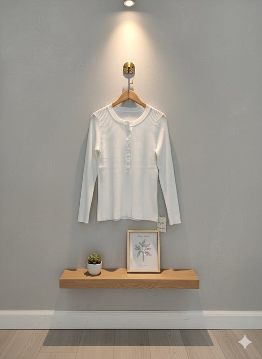 Ribbed Henley Top - White