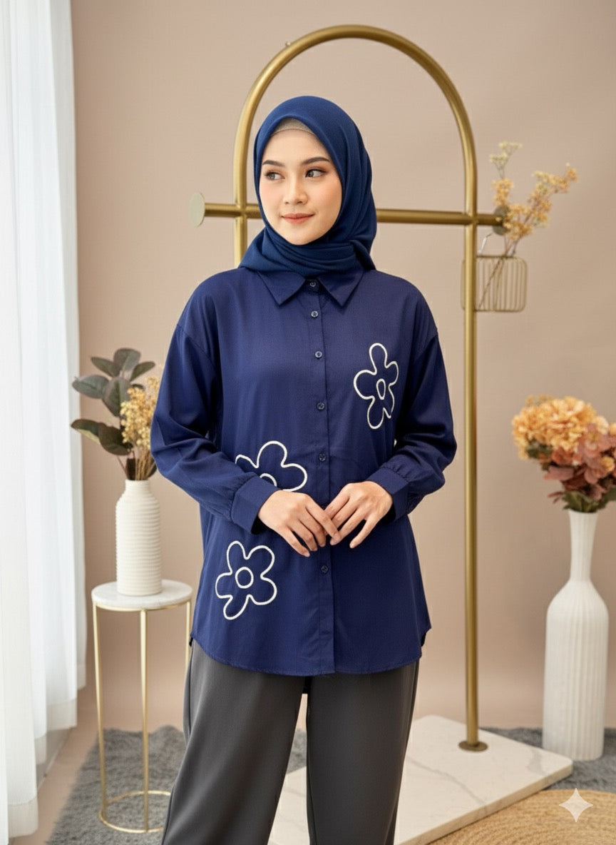 Navy Blue Oversized Embroidered Shirt