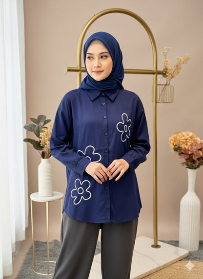 Navy Blue Oversized Embroidered Shirt
