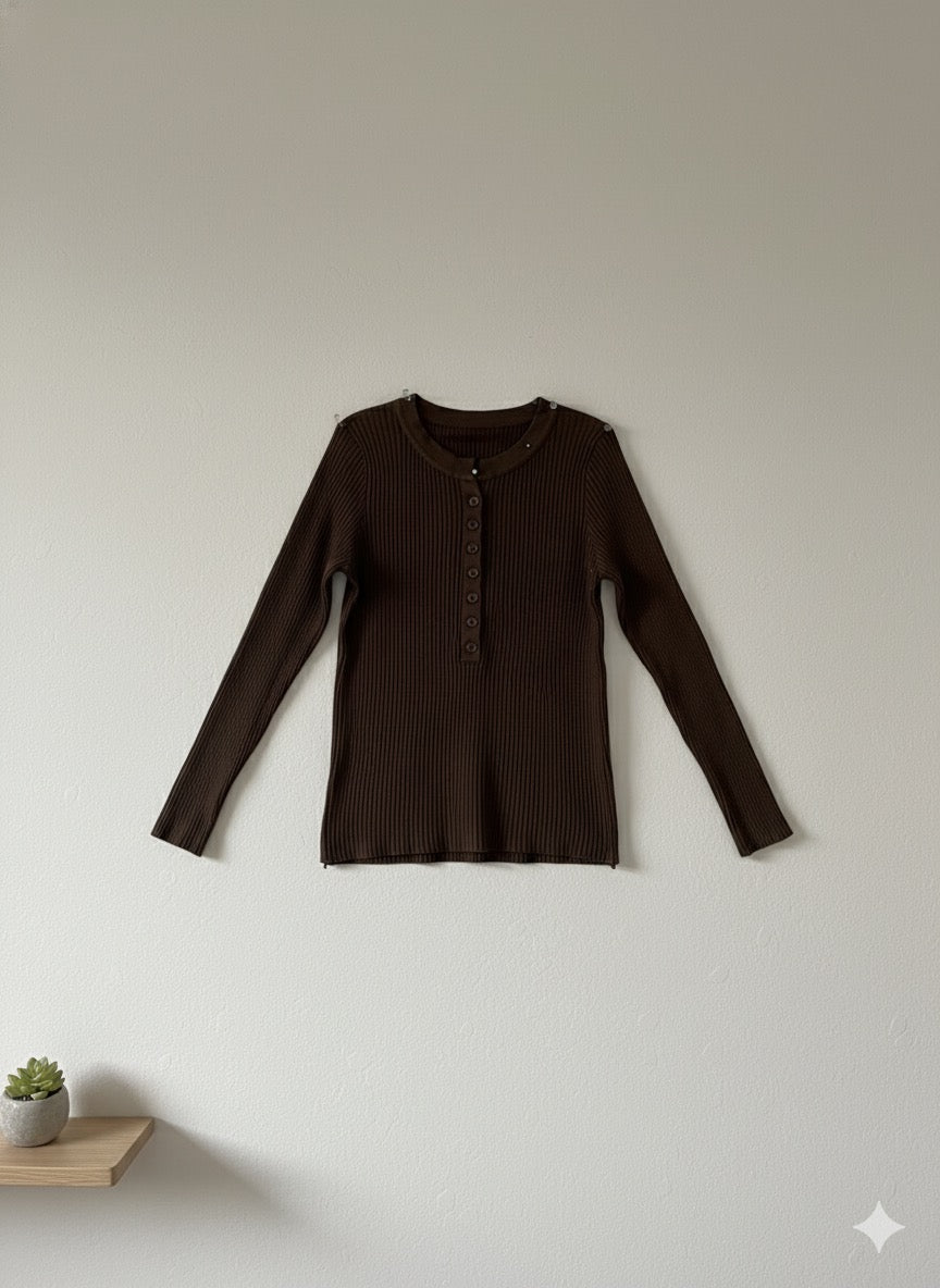 Ribbed Henley Top - Brown