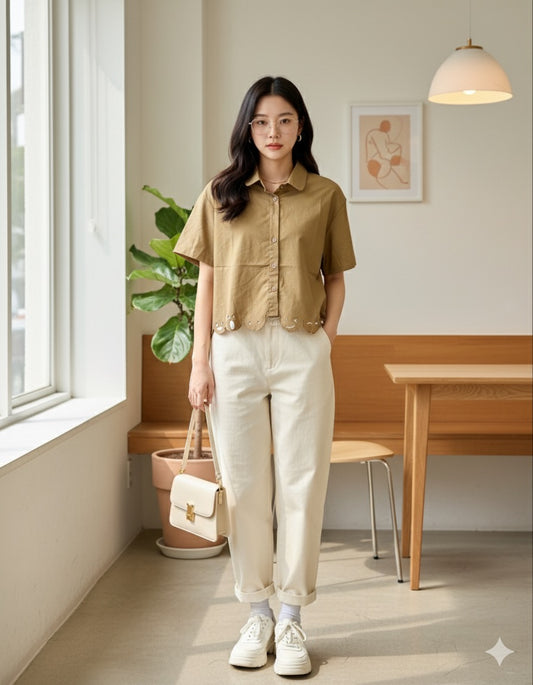 Beige Scallop Hem Shirt