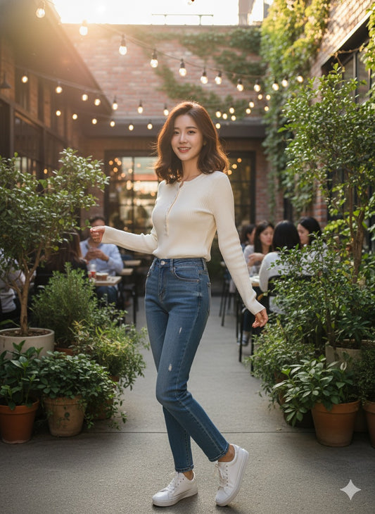 Ribbed Henley Top - Off White