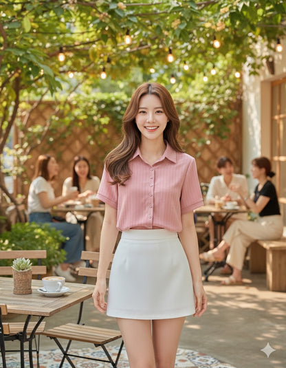 Pink Vertical Rib Textured Collared Shirt