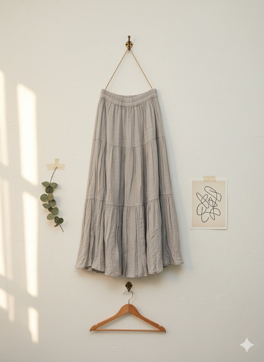 Off White Boho Tiered Long Skirt