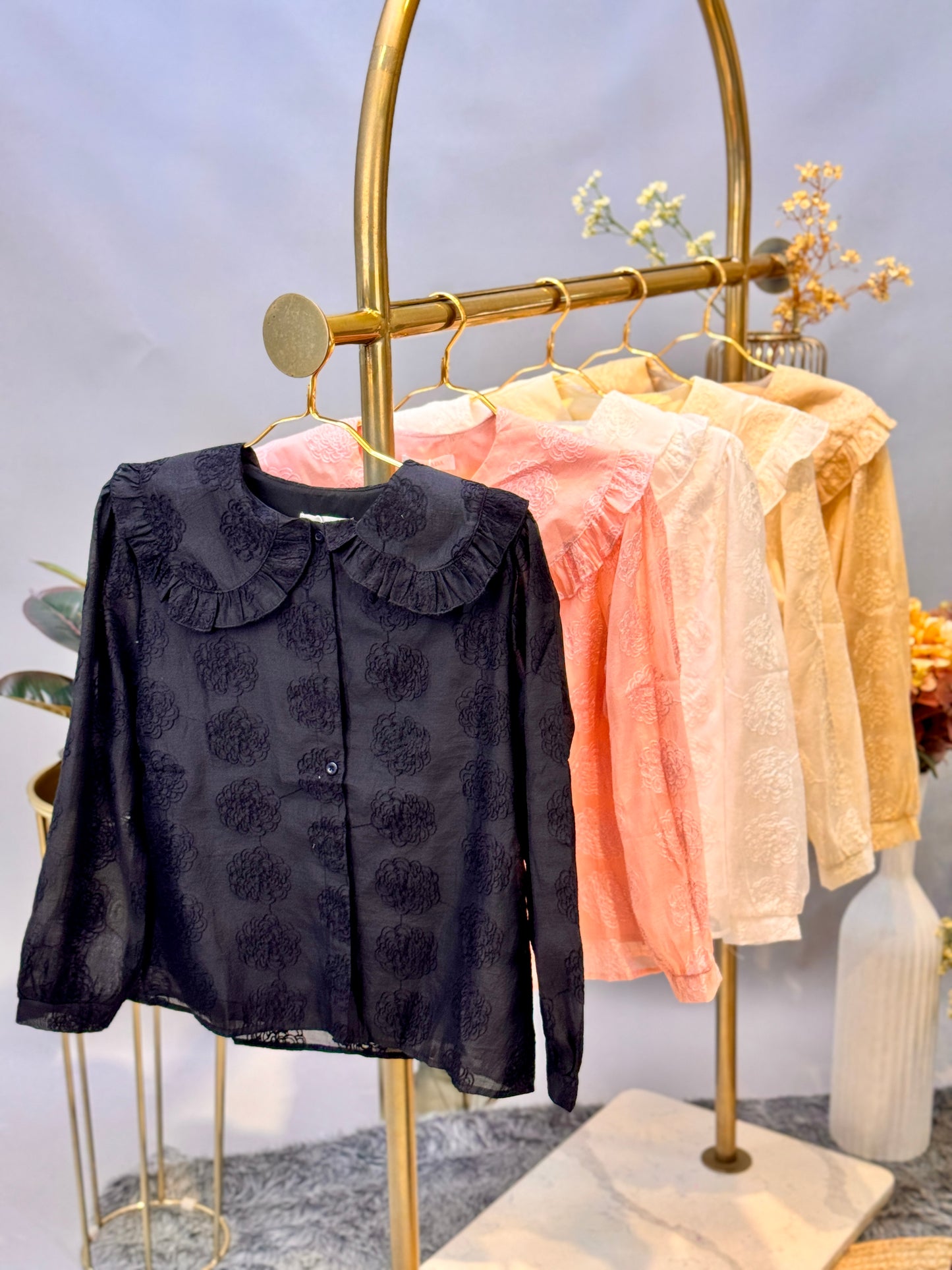 Sheer Embroidered Peter Pan Collar Blouse