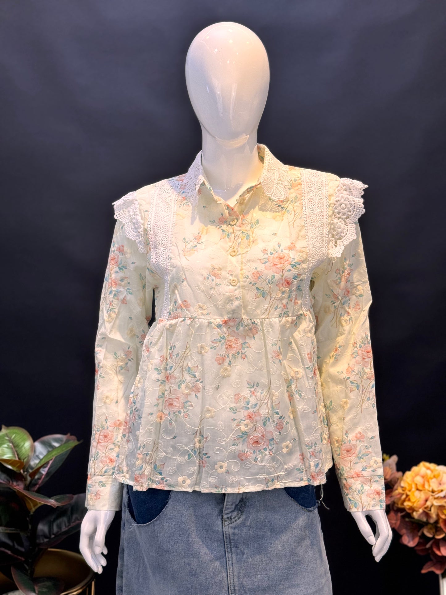 Floral Printed Lace Yoke Top