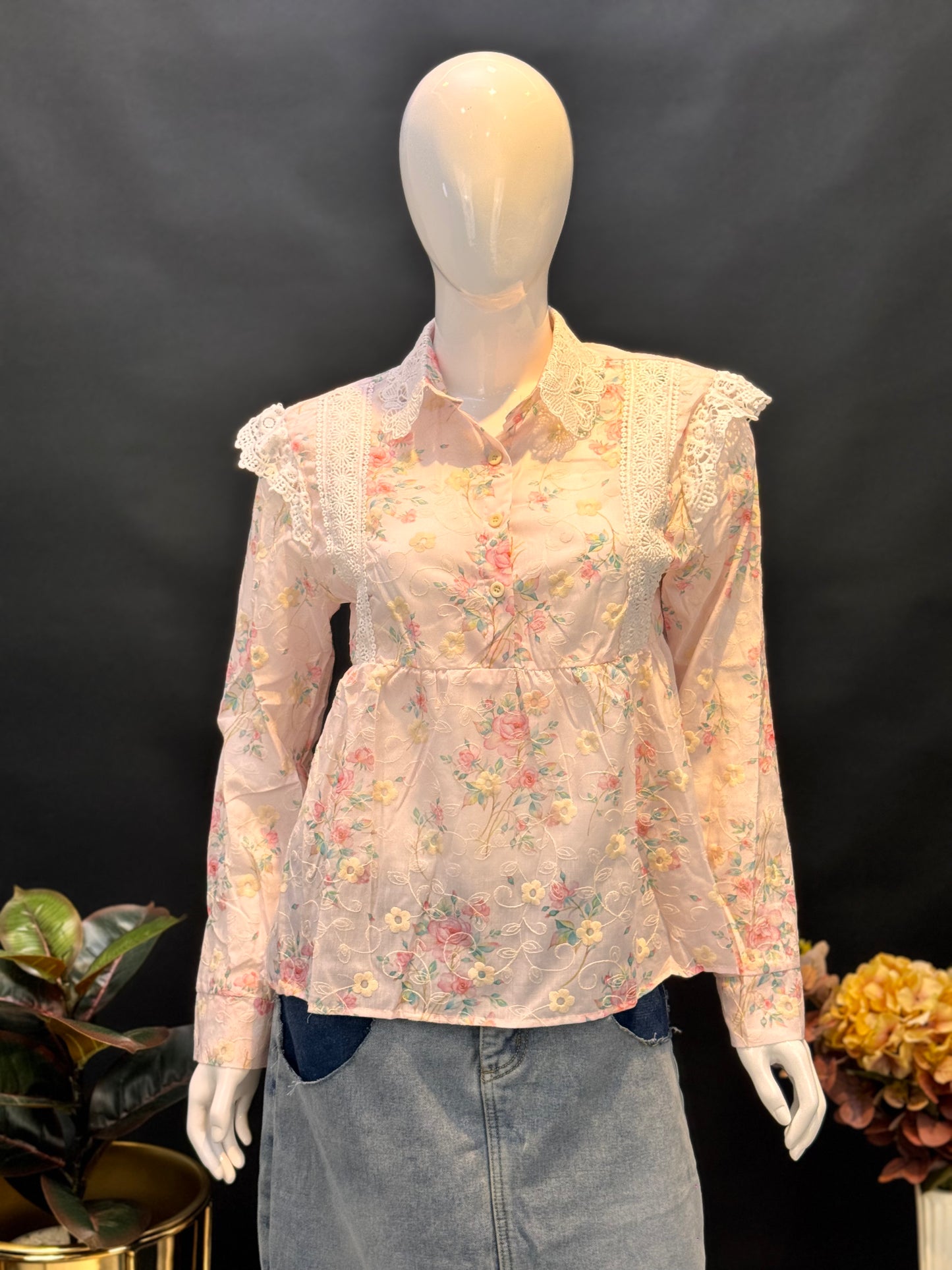 Floral Printed Lace Yoke Top